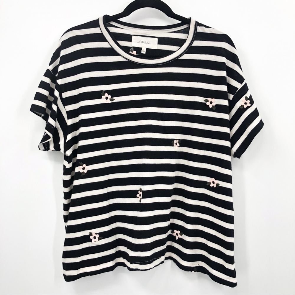 The Great Embroidered Boxy Crew Tee Short Sleeve Cotton Shirt Stripe Black White